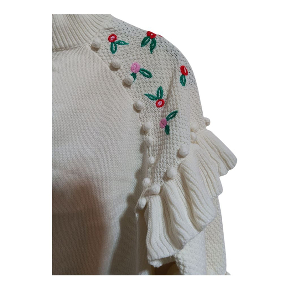 Glamorous Coquette Pointelle Knit Sweater with Embrodierd Flowers and Pom Poms - Picture 6 of 16